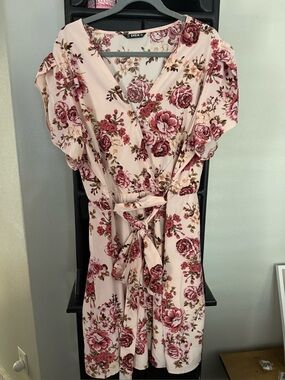 SheIn Pink Floral Wrap Dress with Tie Waist